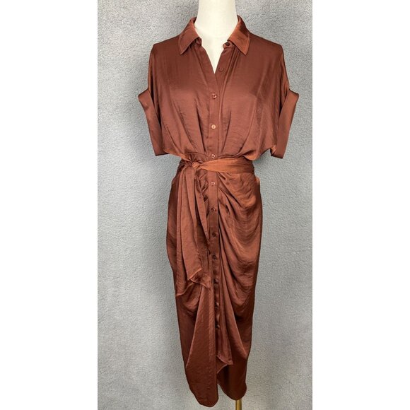 Steve Madden Women's Rust Button-Up Belted Tori Tie Midi Dress Size 2 NWOT's. - Picture 1 of 8